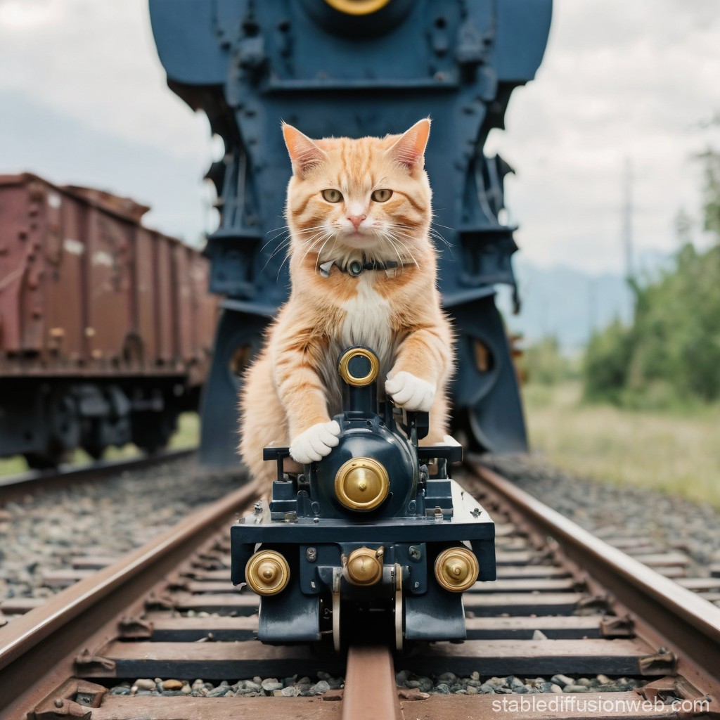 Ginger Cat Riding Miniature Train on Railroad Tracks