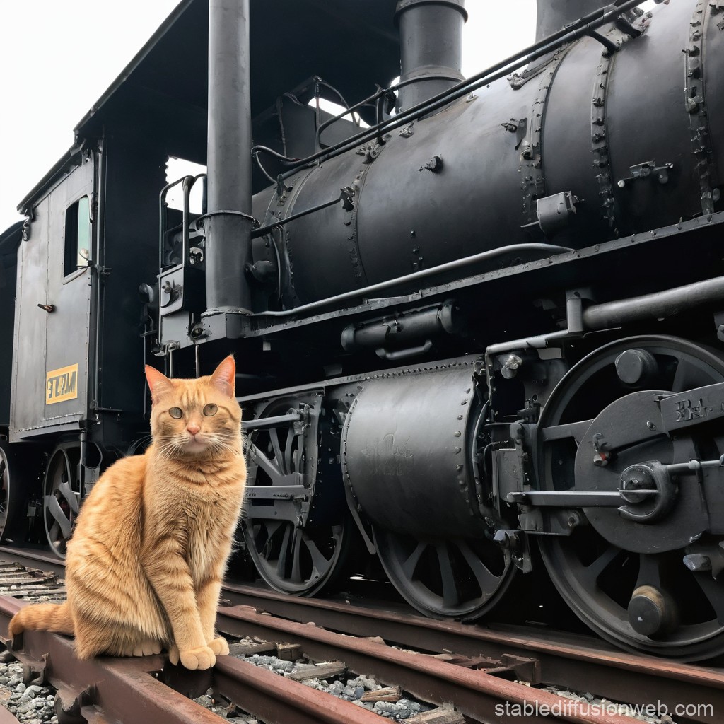 Ginger Cat Sitting on Train Tracks Next to Vintage Steam Locomotive
