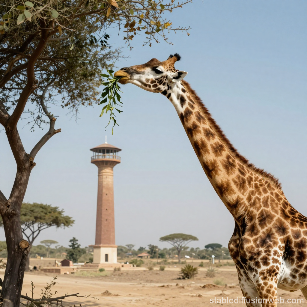 Giraffe Eating Leaves Near a Tower in a Savanna Landscape