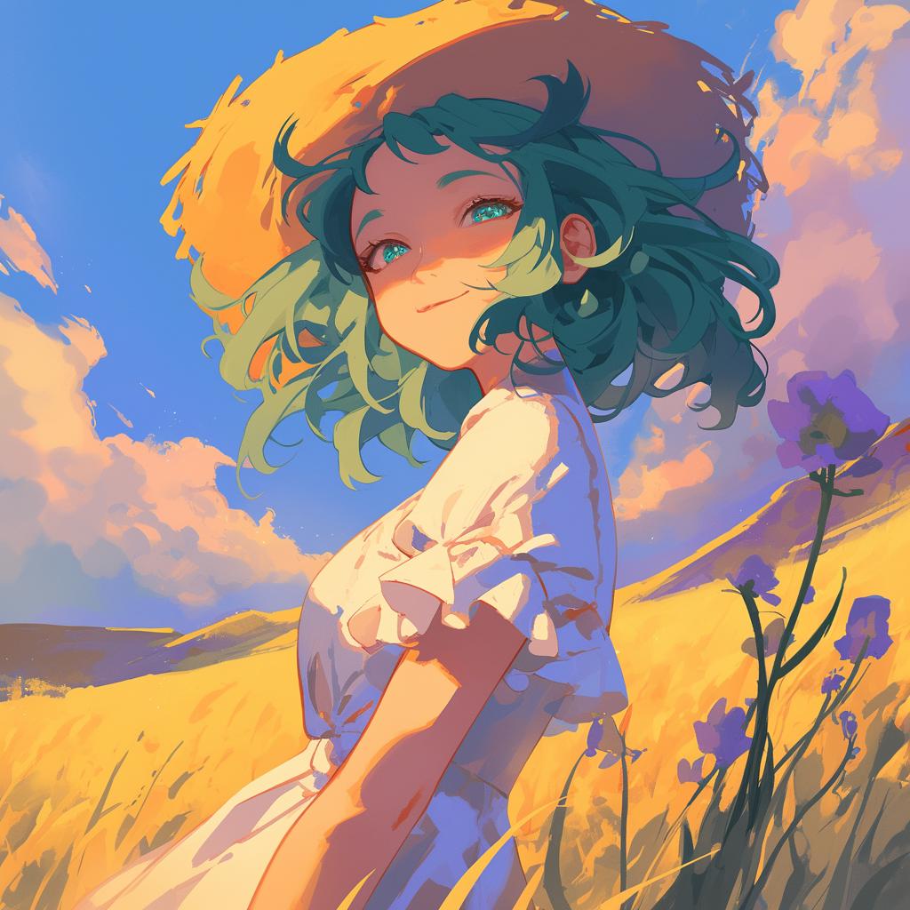 Girl in a Sunlit Field with Straw Hat