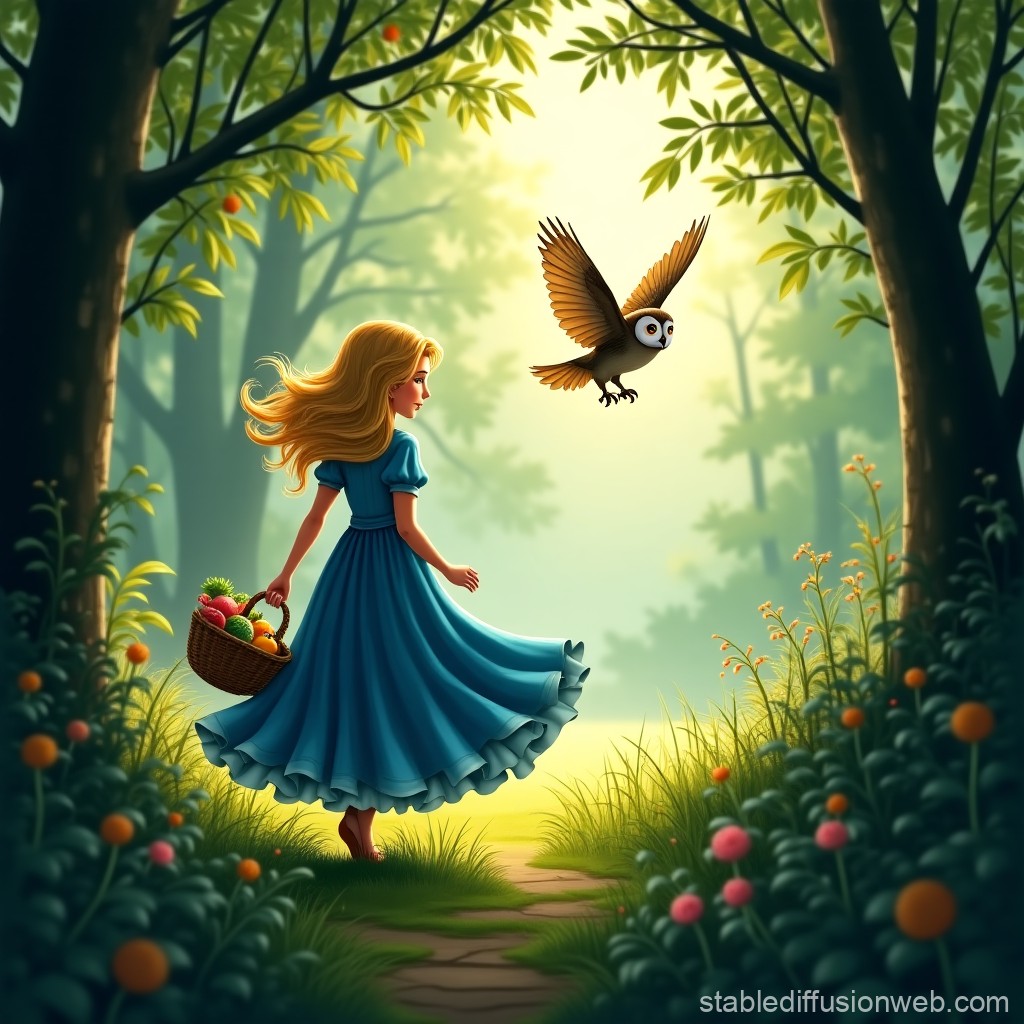 Girl in Blue Dress with Owl in Enchanted Forest
