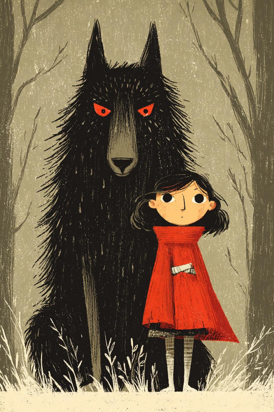 Girl in Red Cloak with Large Black Wolf
