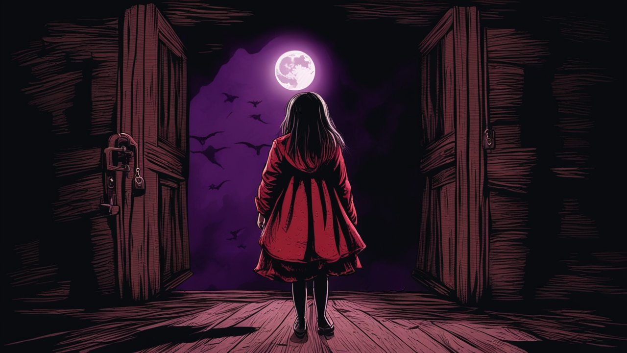 Girl in Red Coat Facing Full Moon in Dark Haunted Setting