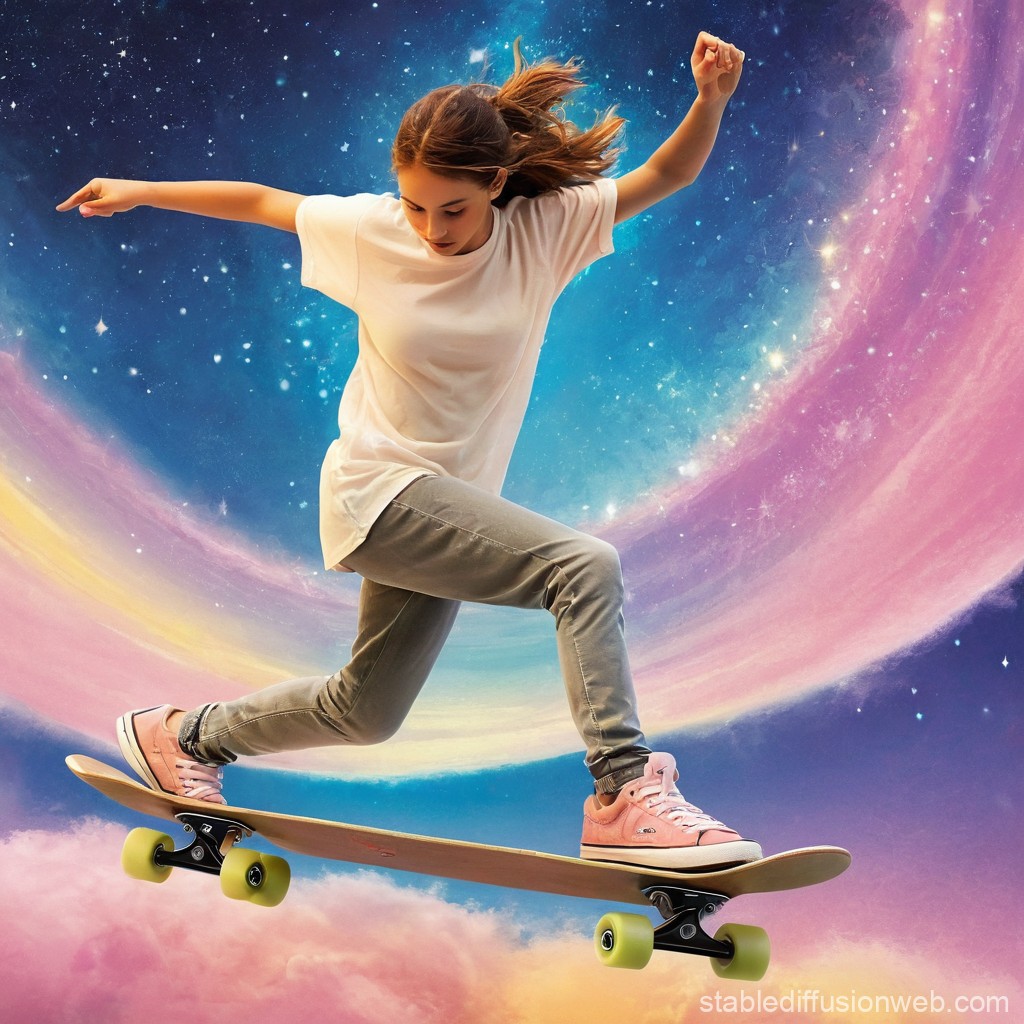 Girl Skateboarding Through a Cosmic Sky