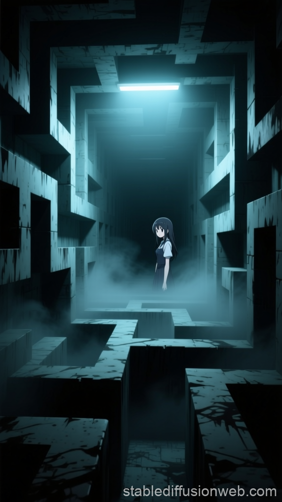 Girl Standing in a Dark, Foggy Maze