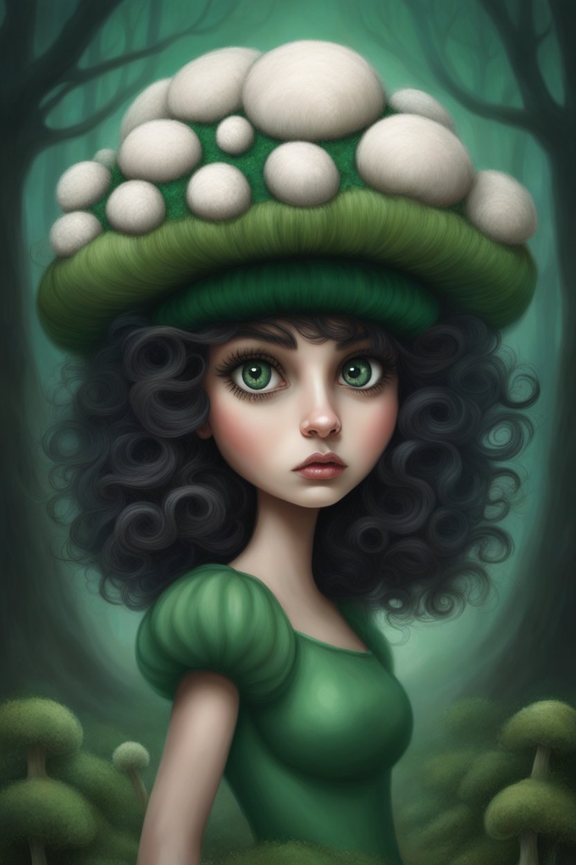 Girl with Puffball Mushroom Hat in Enchanted Forest