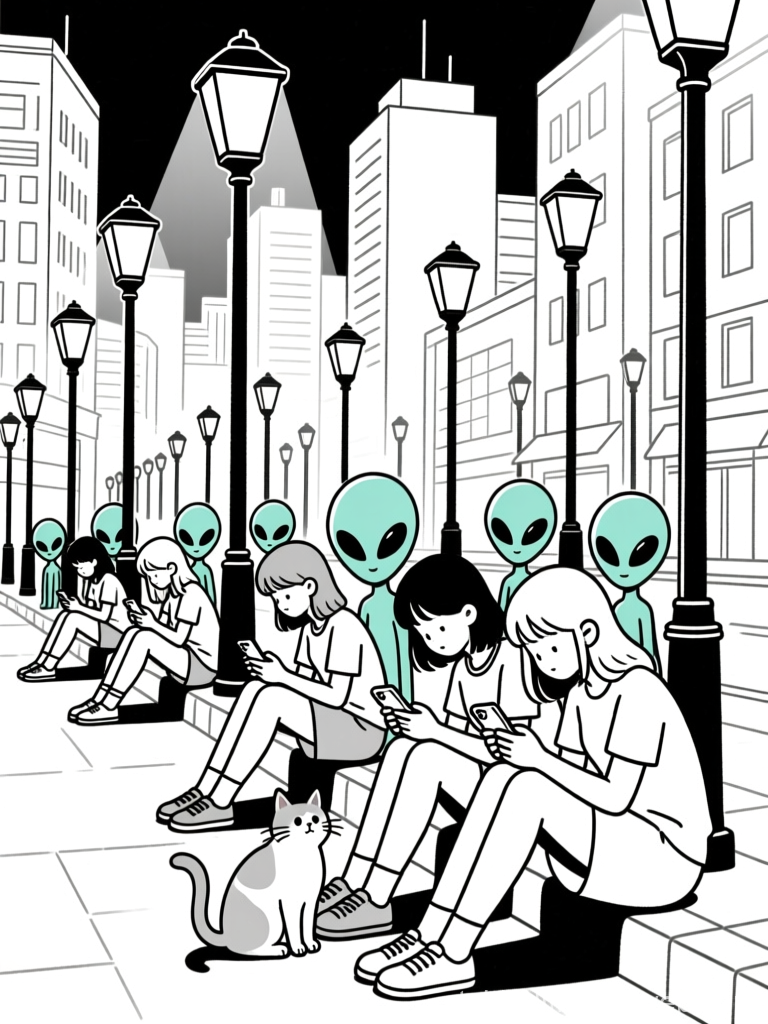 Girls and Aliens Absorbed in Their Phones on City Street