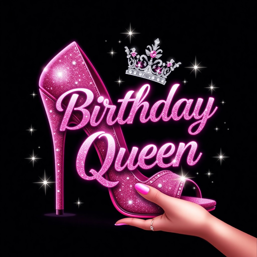 Glamorous Pink Glitter High Heel with Birthday Queen Text