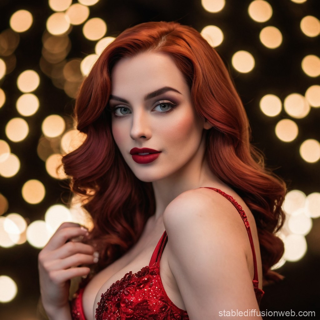 Glamorous Red-Haired Woman with Bokeh Lights
