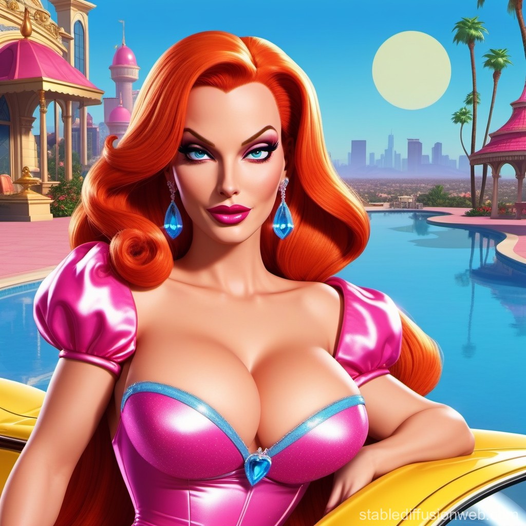 Glamorous Redhead in Pink by Luxurious Poolside