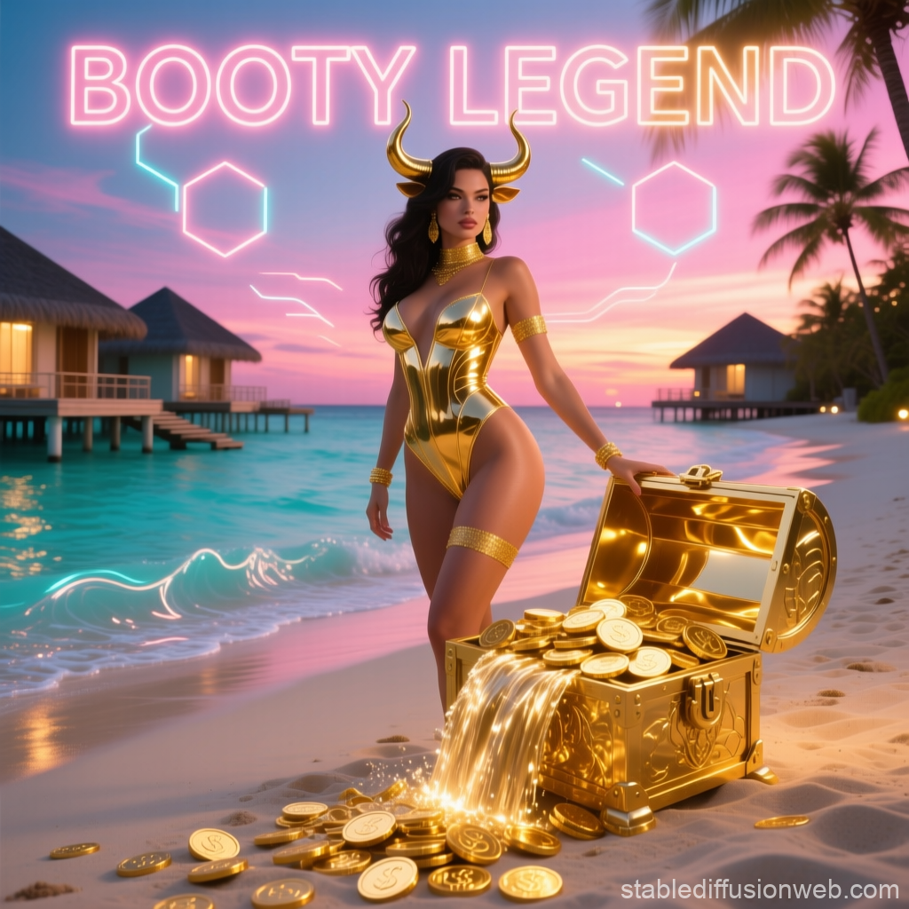 Glamorous Woman in Gold Outfit with Treasure Chest on Beach