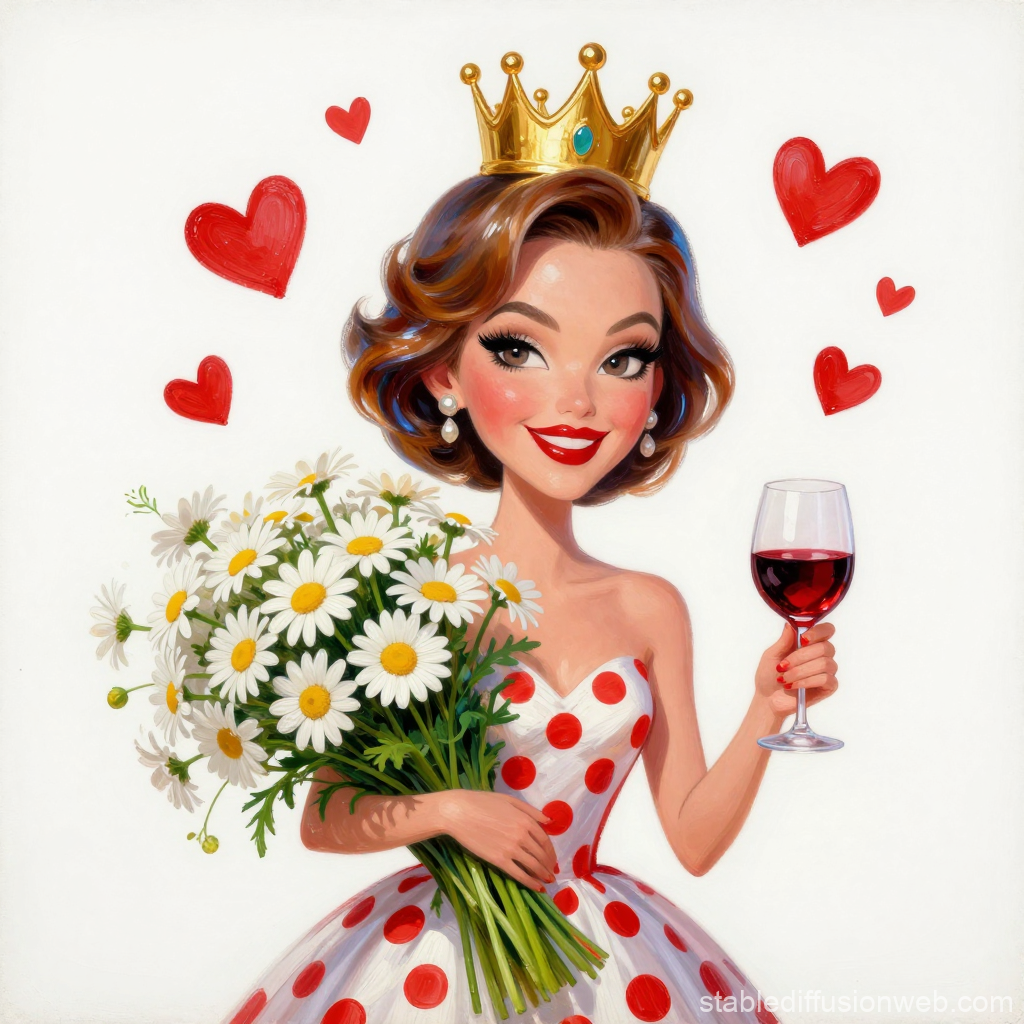 Glamorous Woman with Crown Holding Daisies and Wine