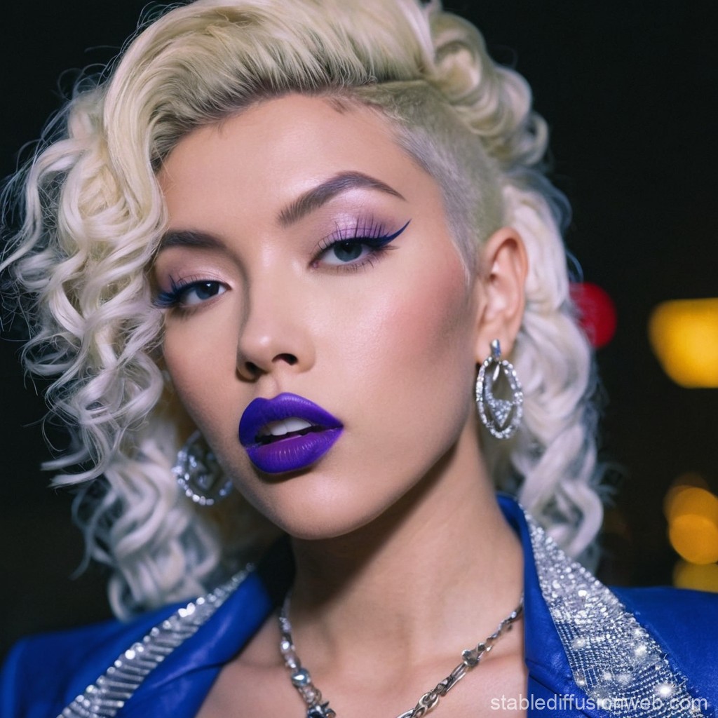 Glamorous Woman with Platinum Blonde Curls and Bold Purple Makeup