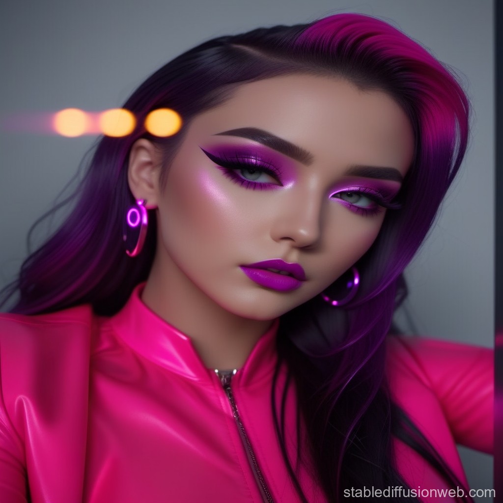 Glamorous Woman with Vibrant Pink Makeup and Hair