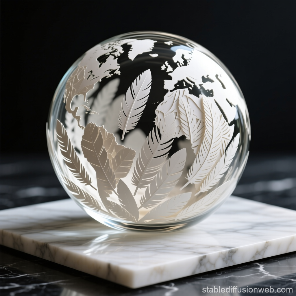 Glass Globe with Etched Feathers and World Map