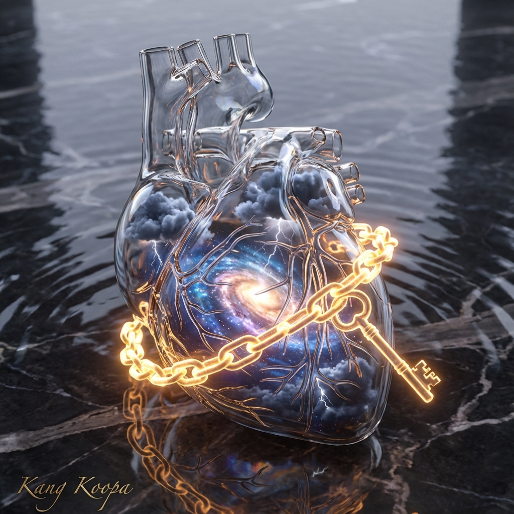 Glass Heart Containing Galaxy and Storm with Glowing Chain and Key