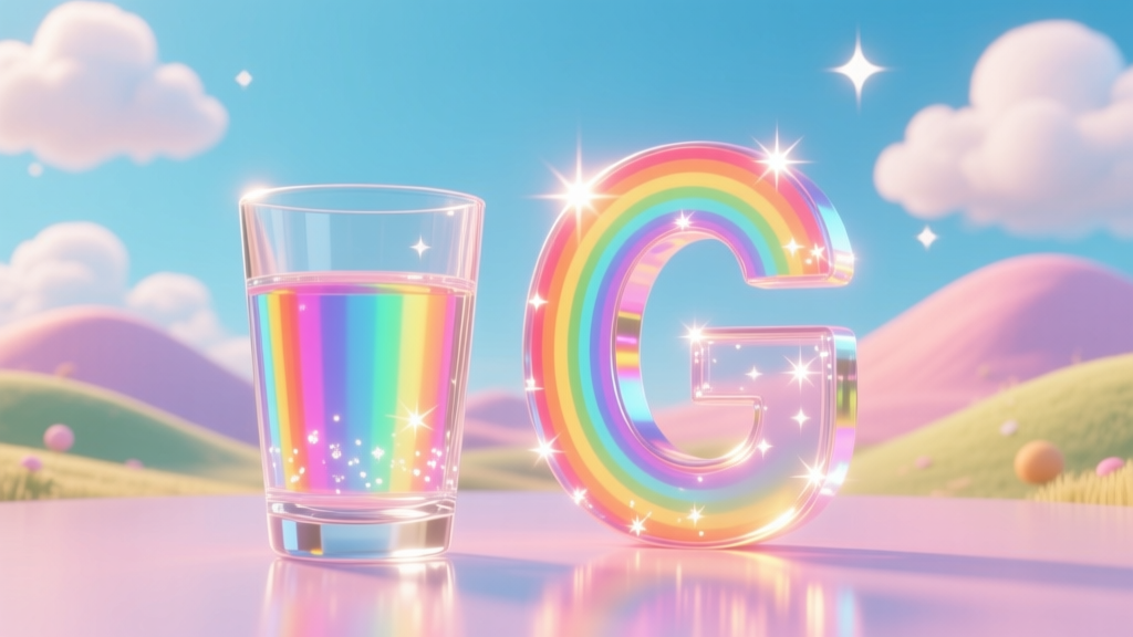Glass of Water and Sparkling Rainbow Letter G in Dreamy Landscape