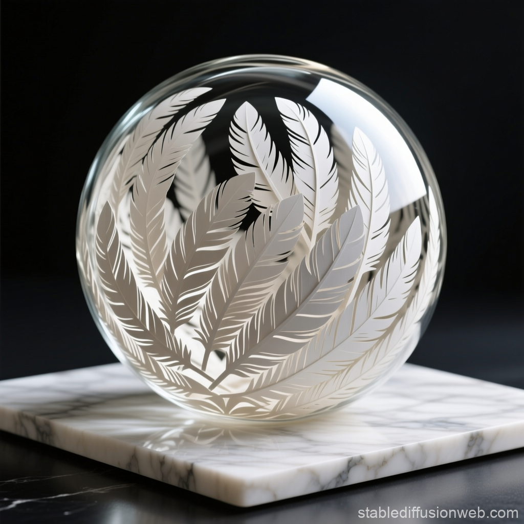 Glass Sphere with Intricate Feather Engravings on Marble Base
