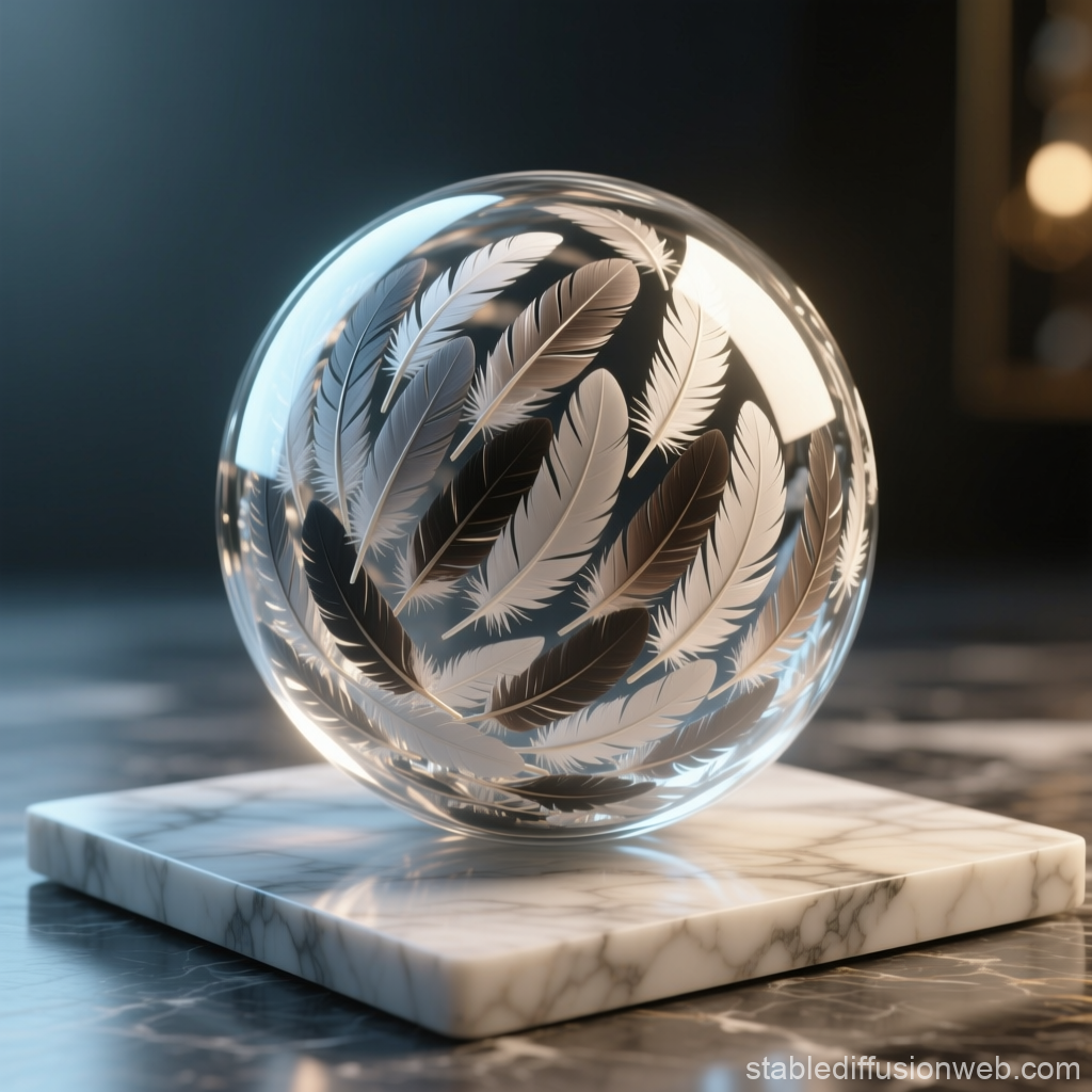 Glass Sphere with Intricate Feather Engravings on Marble Base