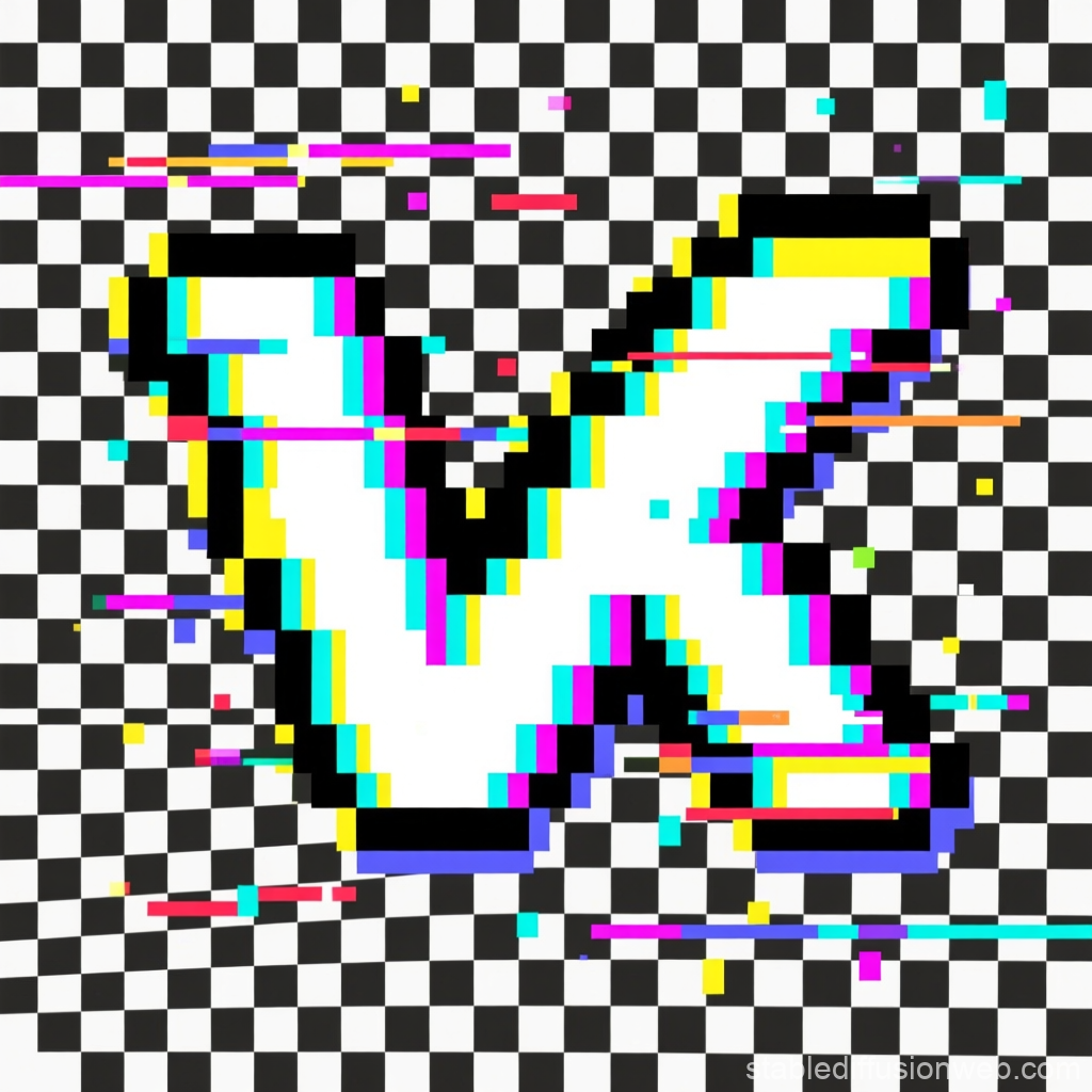 Glitch Pixel Art Letter V on Checkerboard