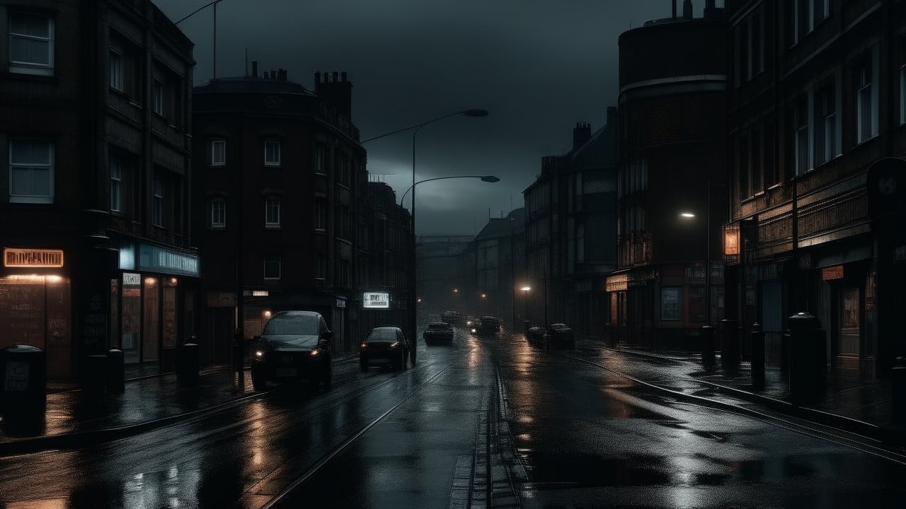 Gloomy Dark Cyberpunk Dublin Street at Night