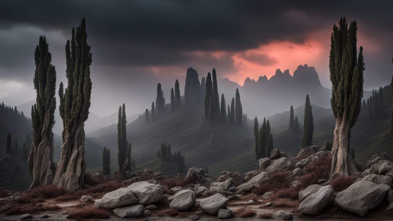Gloomy Rocky Landscape with Tall Cypress Trees at Dusk
