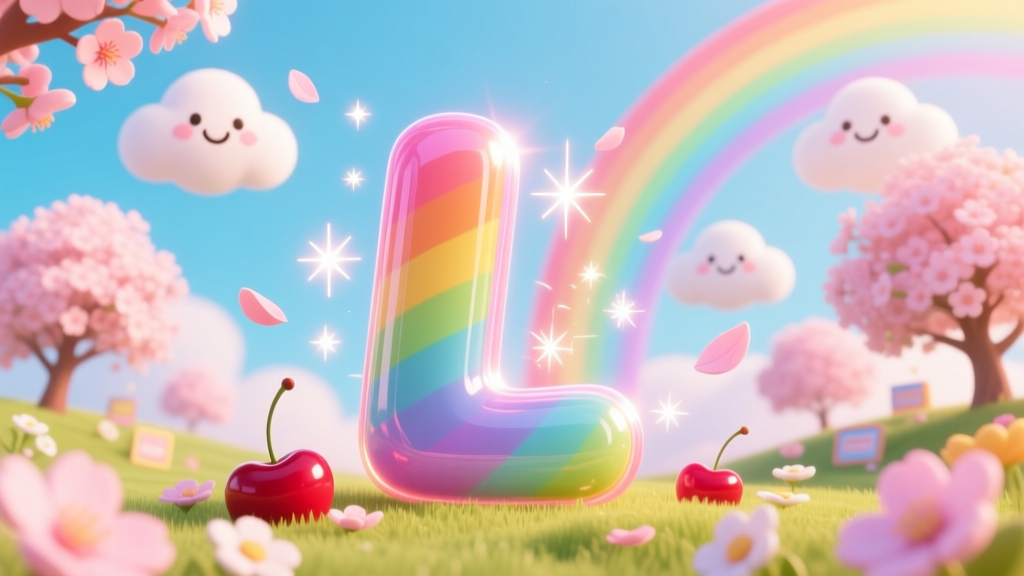 Glossy 3D Rainbow Letter L in a Whimsical Spring Landscape