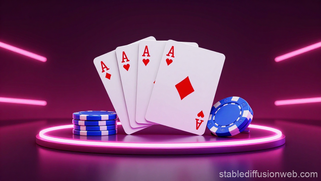 Glossy 3D Render of Four Aces and Poker Chips on Neon Stage