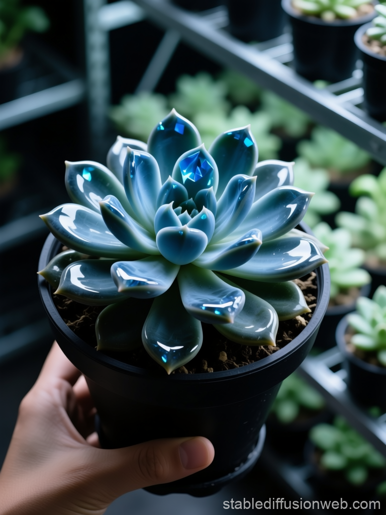 Glossy Blue Halchia Succulent in Black Pot
