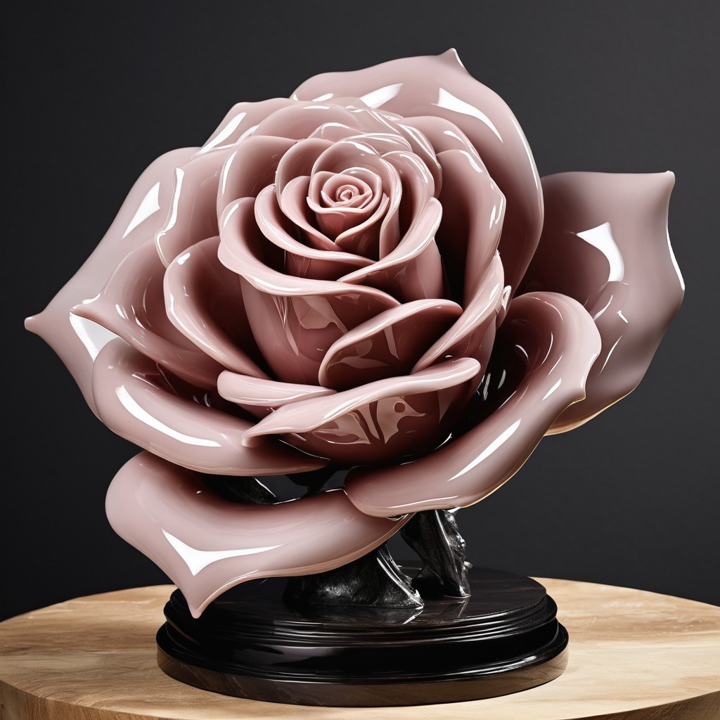 Glossy Ceramic Rose Sculpture on Wooden Base
