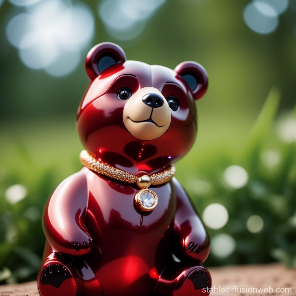 Glossy Red Bear Figurine with Gold Necklace