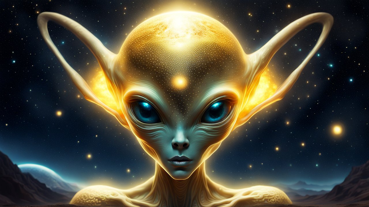 Glowing Alien Being Under Starry Night Sky