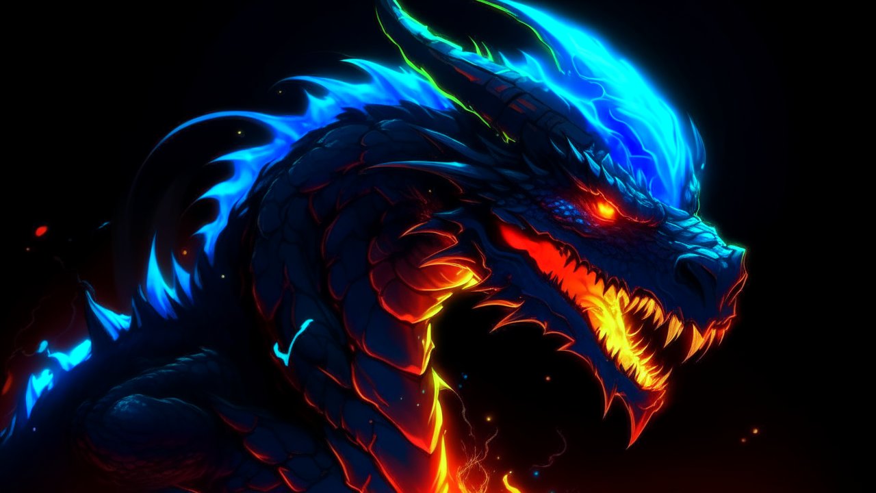 Glowing Blue and Orange Dragon Head in Dark Anime Style