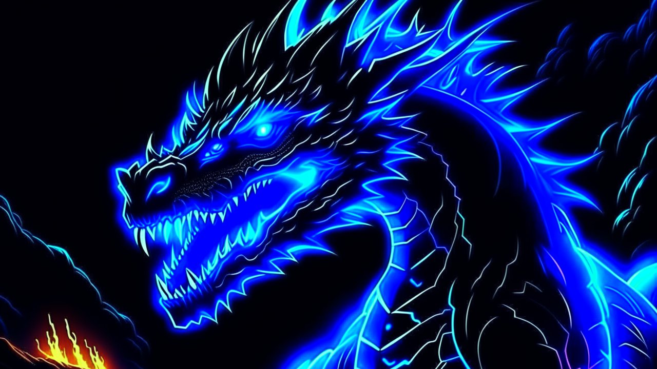 Glowing Blue Dragon in Dark Anime Style