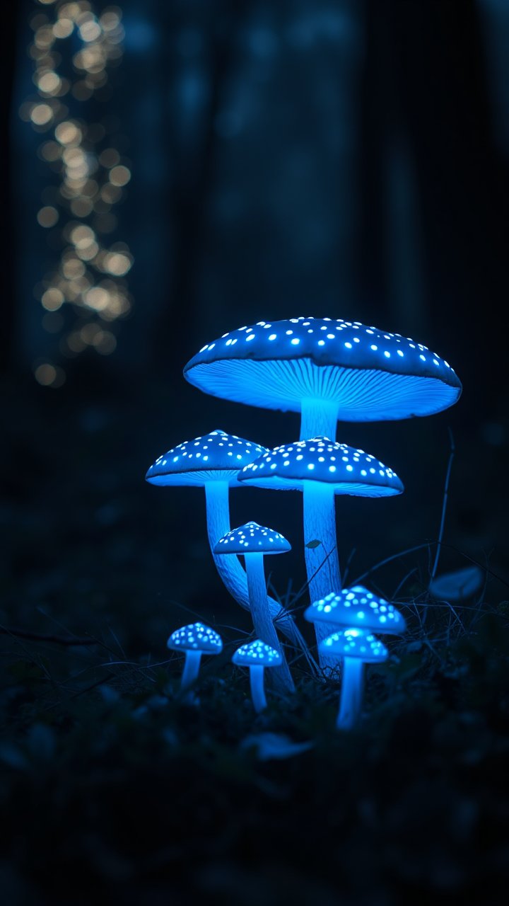 Glowing Blue Mushrooms in a Dark Forest