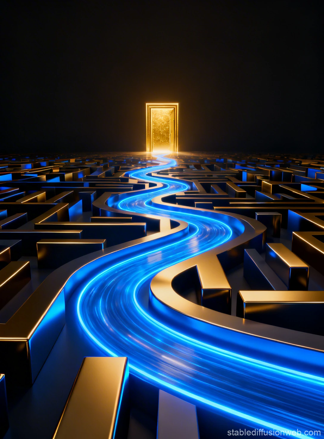 Glowing Blue Path Through Golden Maze to Illuminated Door