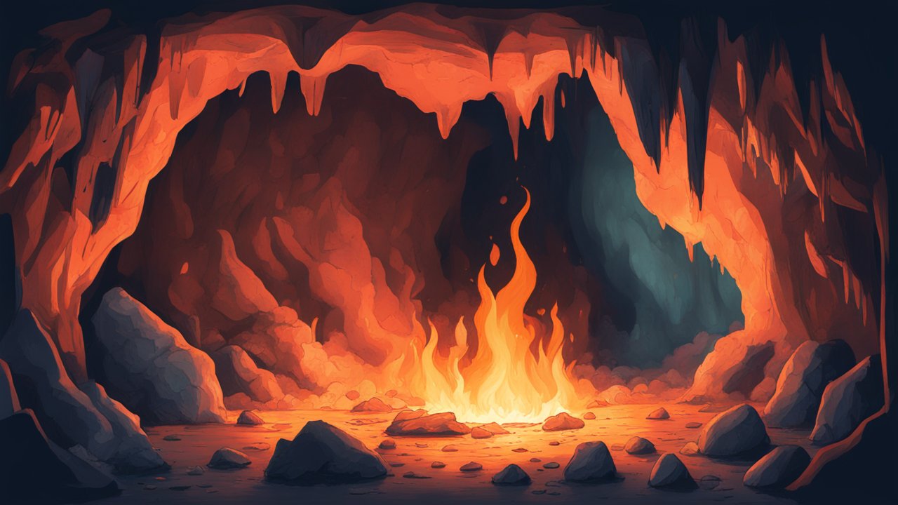 Glowing Campfire Inside a Rocky Cave