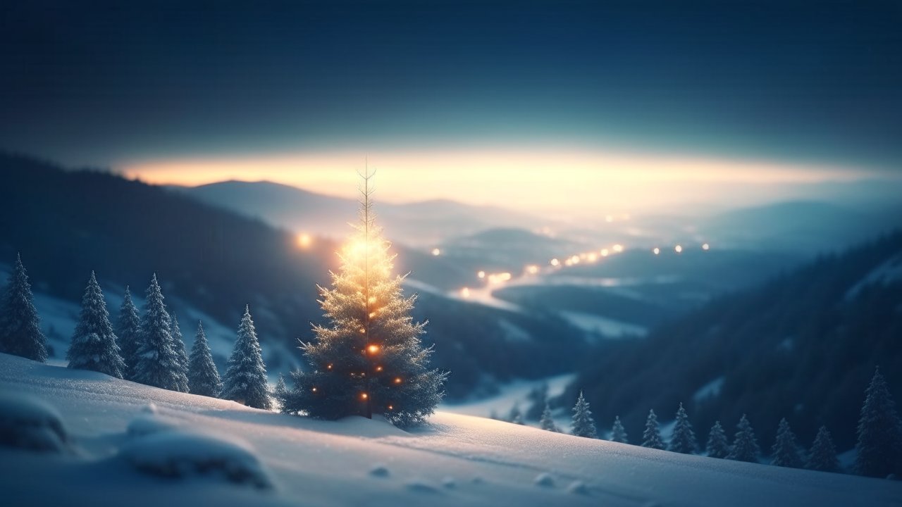 Glowing Christmas Tree in Snowy Mountain Valley at Dusk