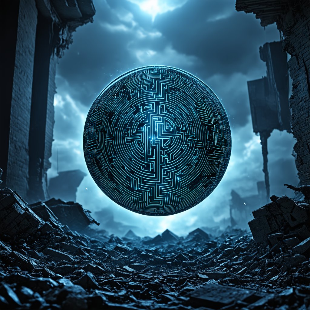 Glowing Circuit Sphere Hovering in Ruined Landscape