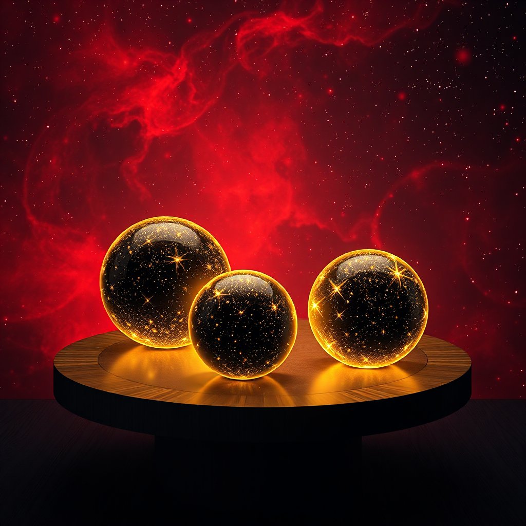 Glowing Cosmic Orbs on Wooden Pedestal with Red Nebula Background
