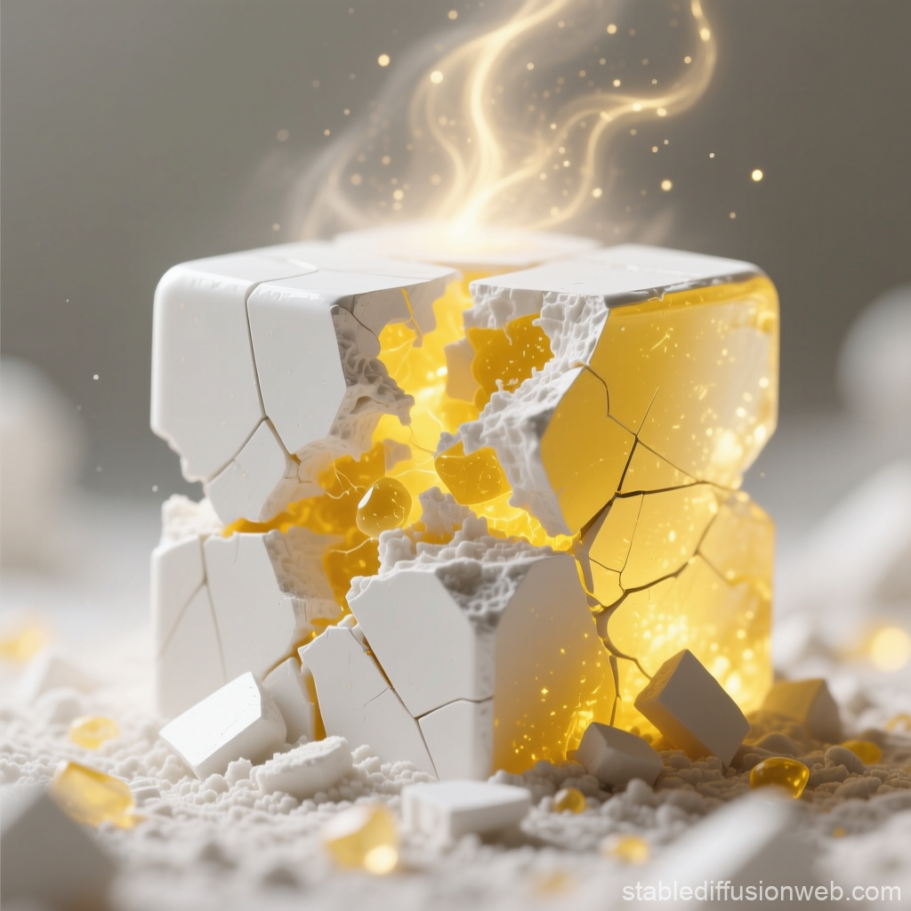 Glowing Cracked White and Yellow Cube with Radiant Light