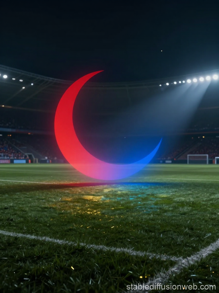 Glowing Crescent Moon in a Nighttime Stadium