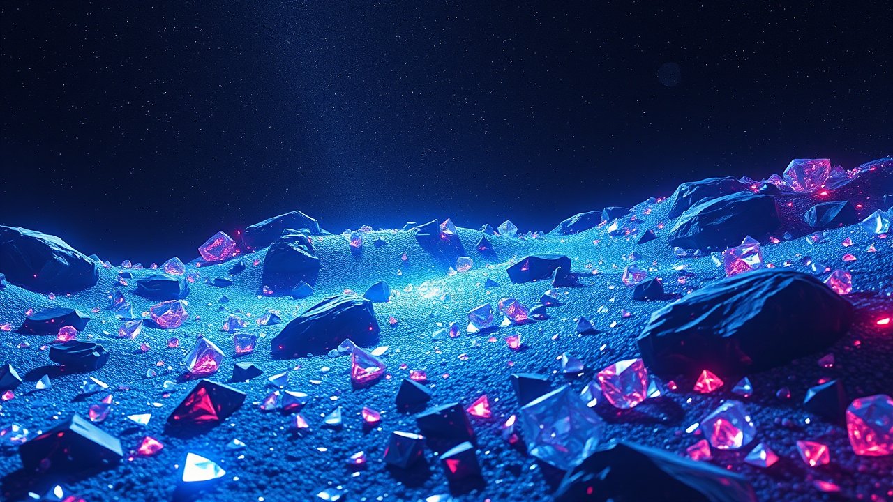 Glowing Crystals on a Blue Alien Landscape Under Starry Sky
