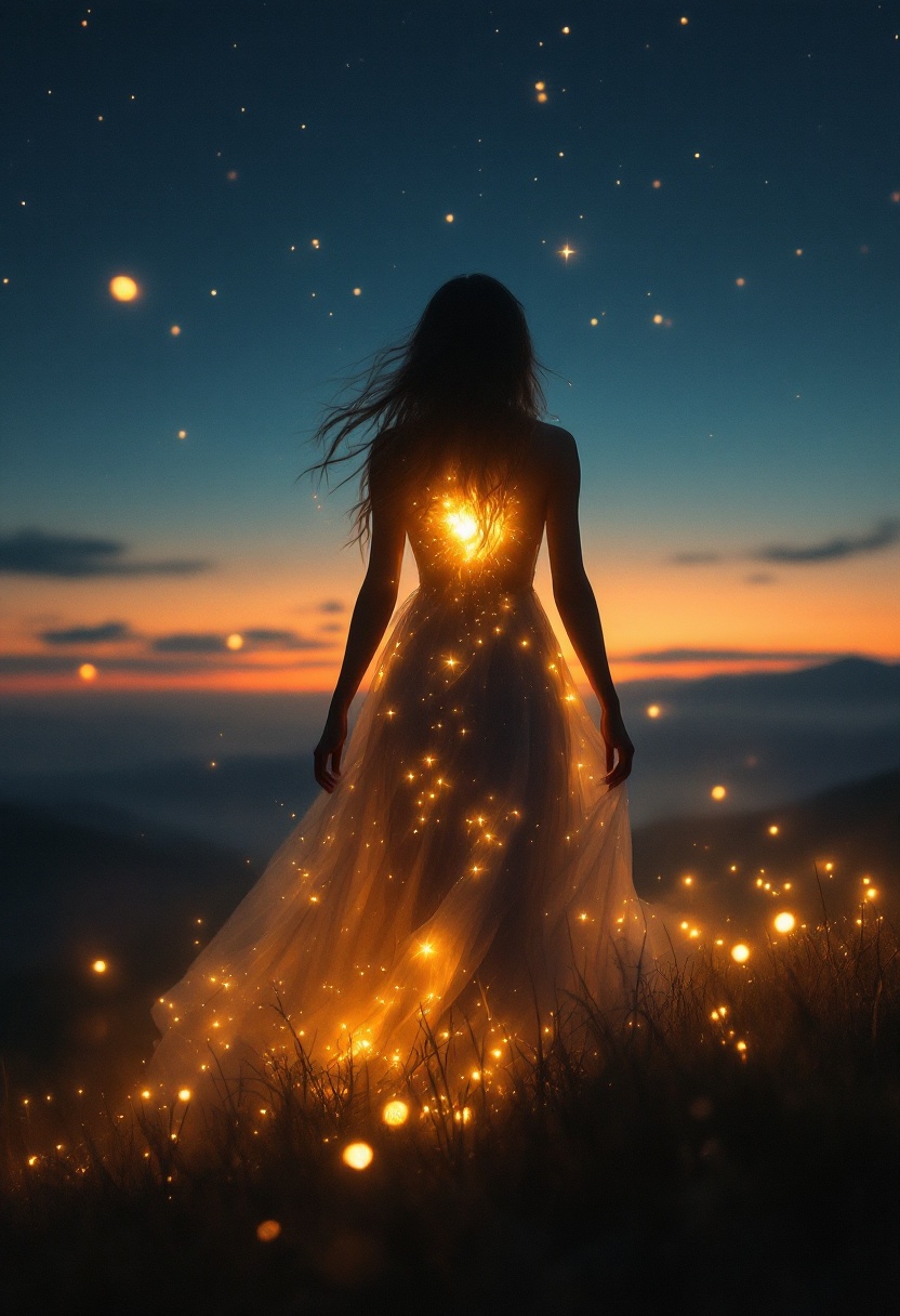 Glowing Female Silhouette at Twilight with Magical Lights