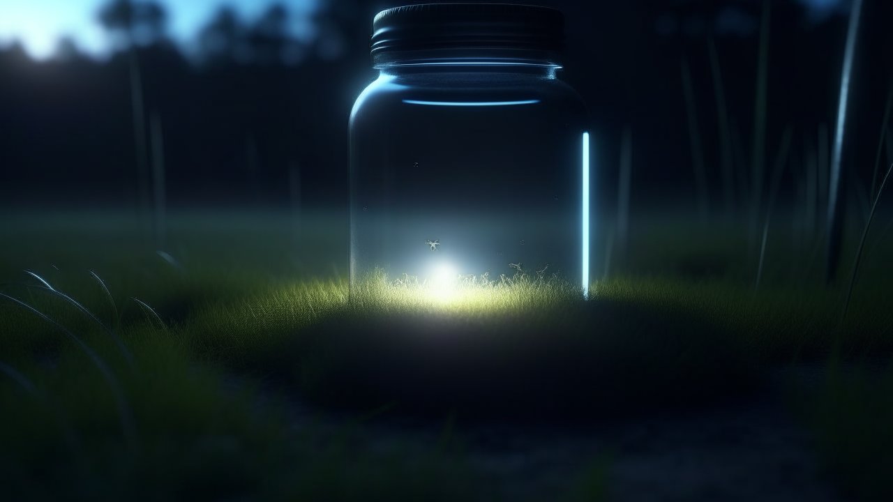 Glowing Firefly Captured in a Jar on a Dark Night