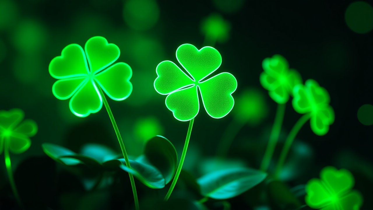 Glowing Four-Leaf Clovers in Neon Green