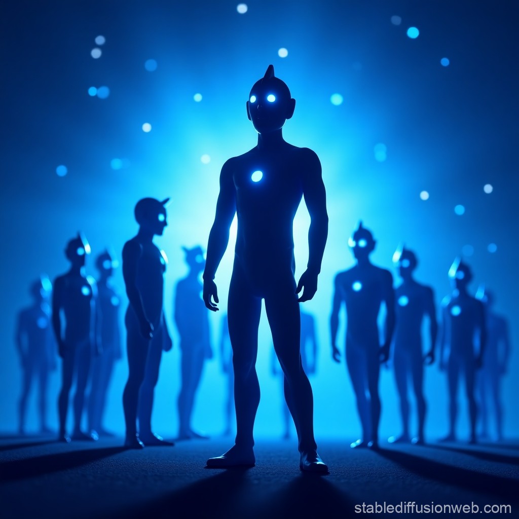 Glowing Futuristic Figures in Blue Light