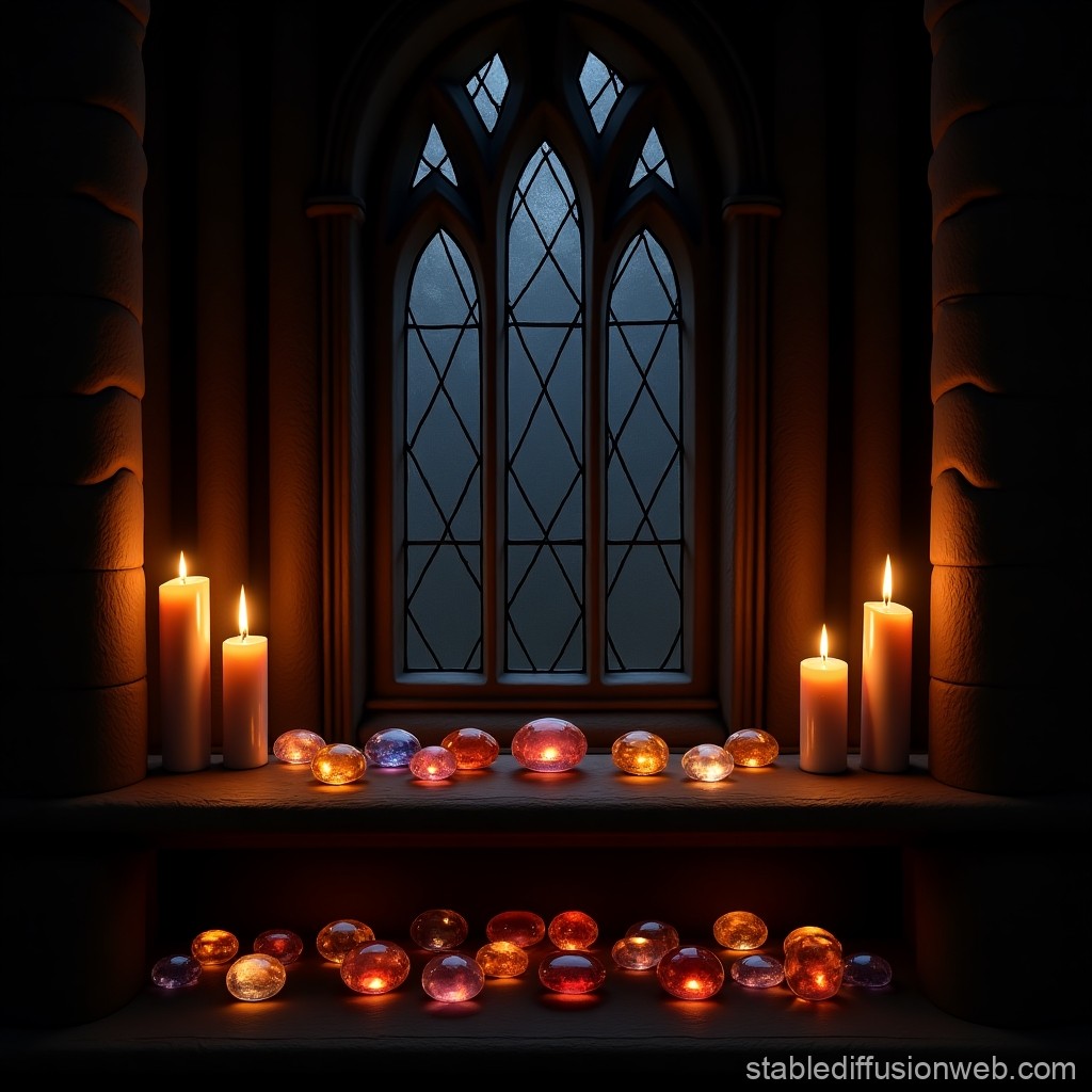 Glowing Gems and Candles on Gothic Window Ledge