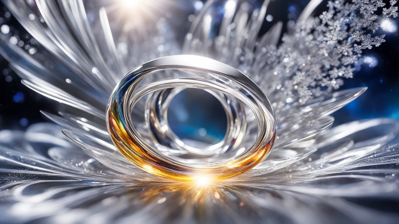 Glowing Glass Rings with Frosty Snowflake Background
