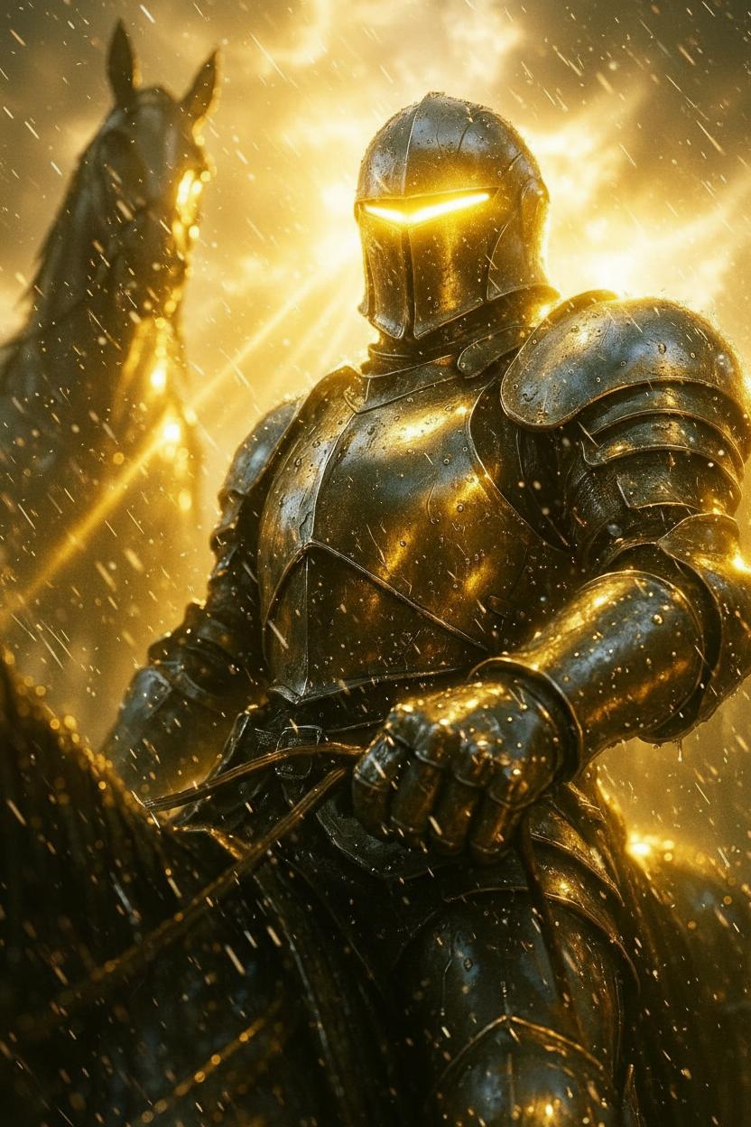 Glowing Knight in Rain with Horse